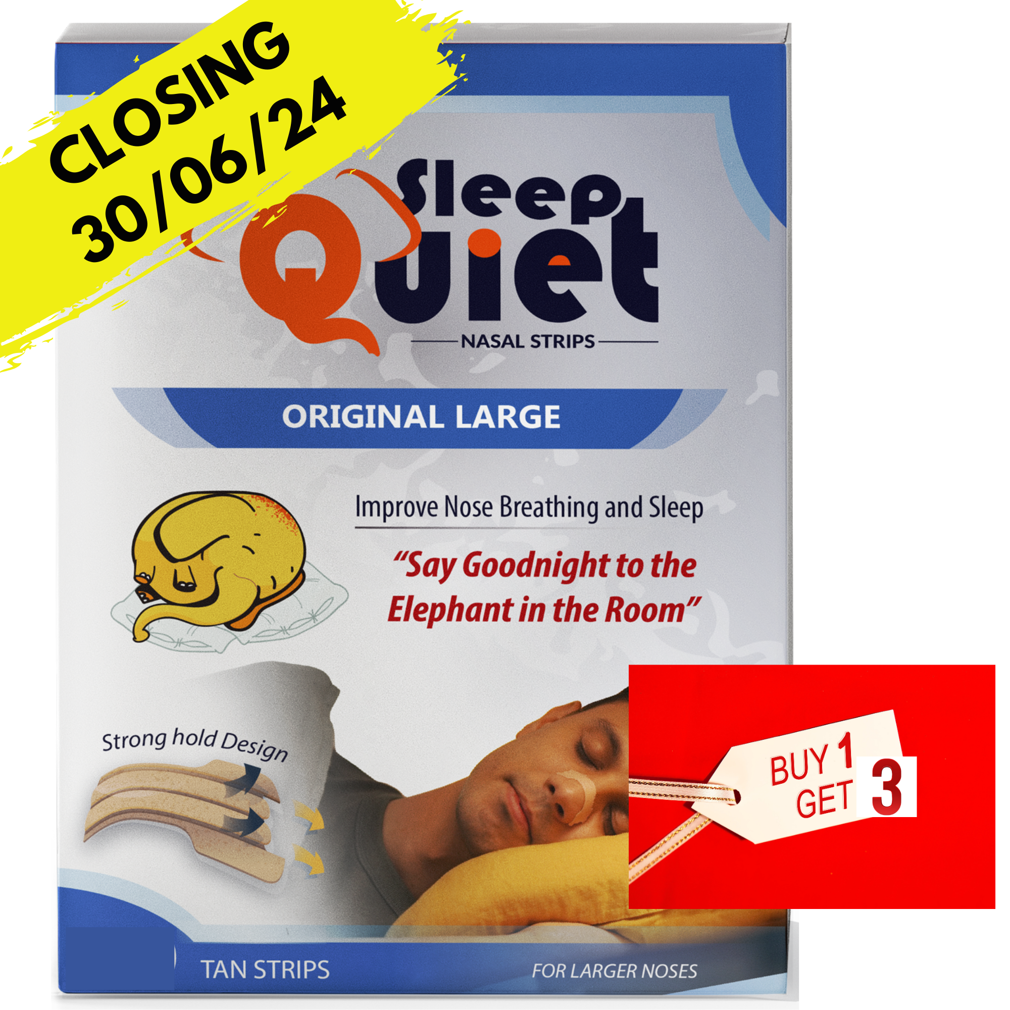 "Buy 1 Get 3" Sleep Quiet Strong Large Tan Nasal Strips