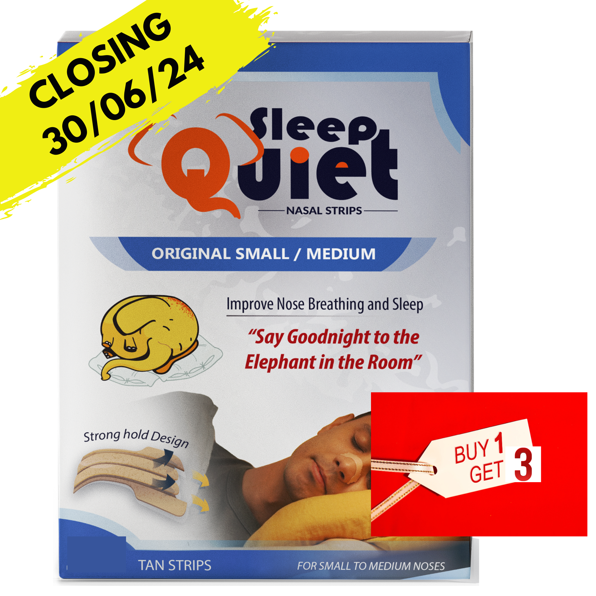 "Buy 1 Get 3" Sleep Quiet Strong Medium Tan Nasal Strips