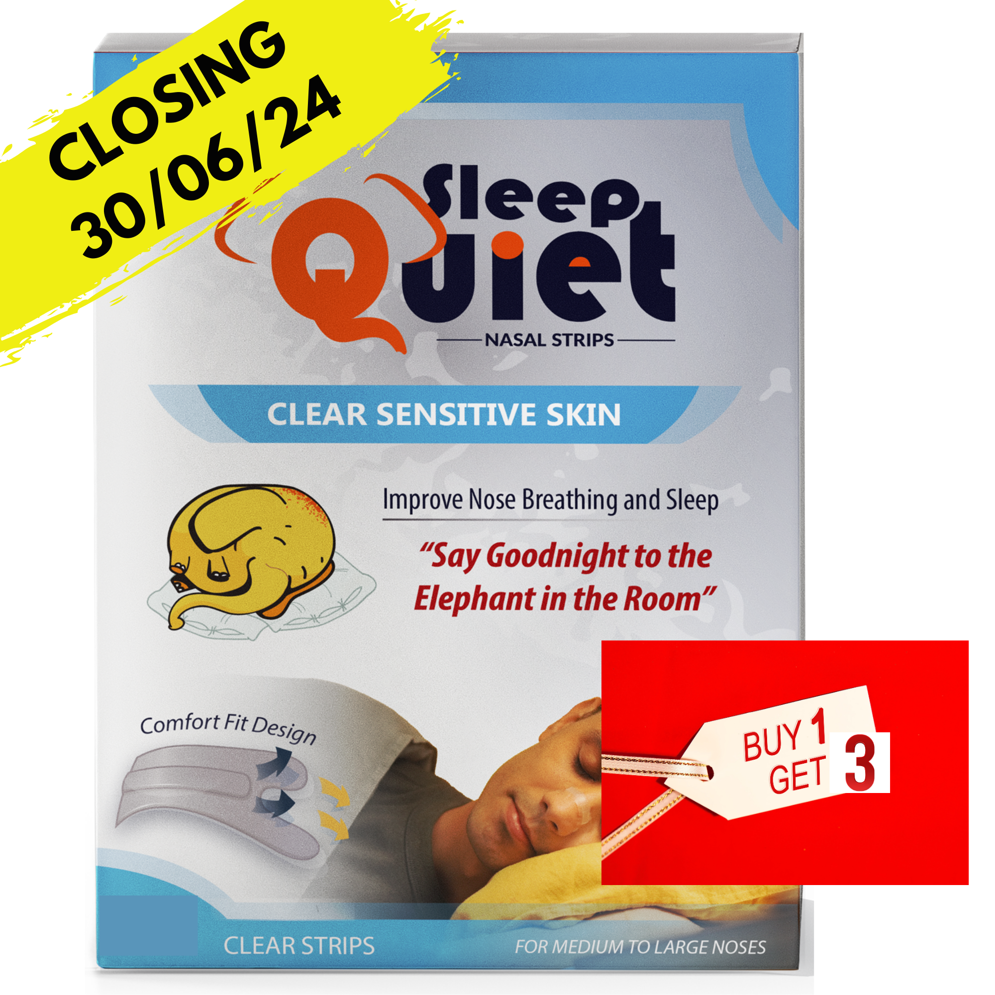 "Buy 1 Get 3 " Sleep Quiet Clear Original (1 Size Large / Medium) Nasal Strips